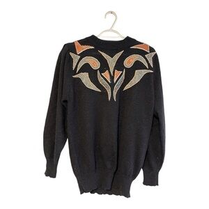 Vintage 80s Jessica Sweater Black Balloon Sleeve Beaded Leather Appliqué L